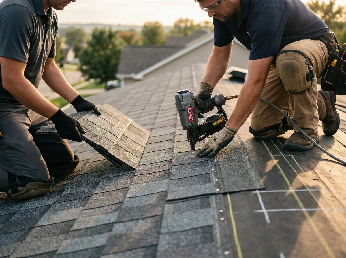 Professional roofer working on a residential roof in Lapeer